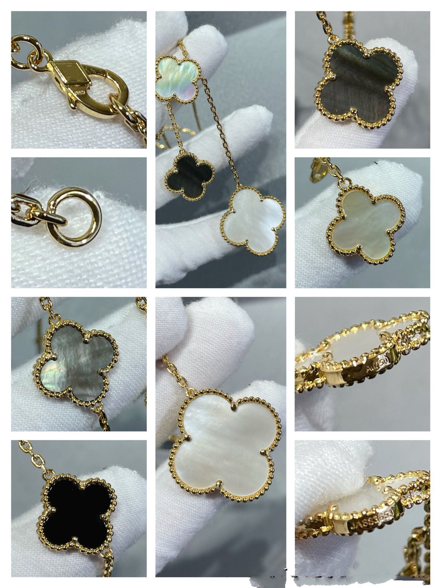 ¡®Aura Jewels¡¯CLOVER 6 MOTIF MOP ONYX GOLD NECKLACE